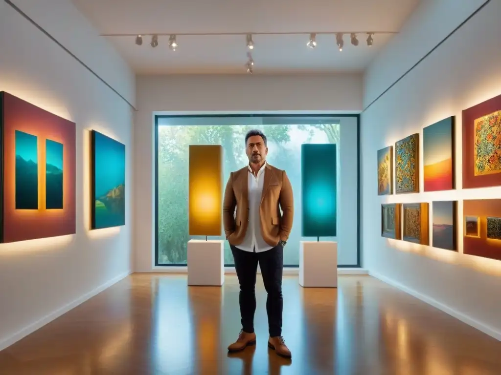 Coleccionista de arte contemporáneo uruguayo Juan Pérez en su galería, rodeado de vibrantes obras de arte