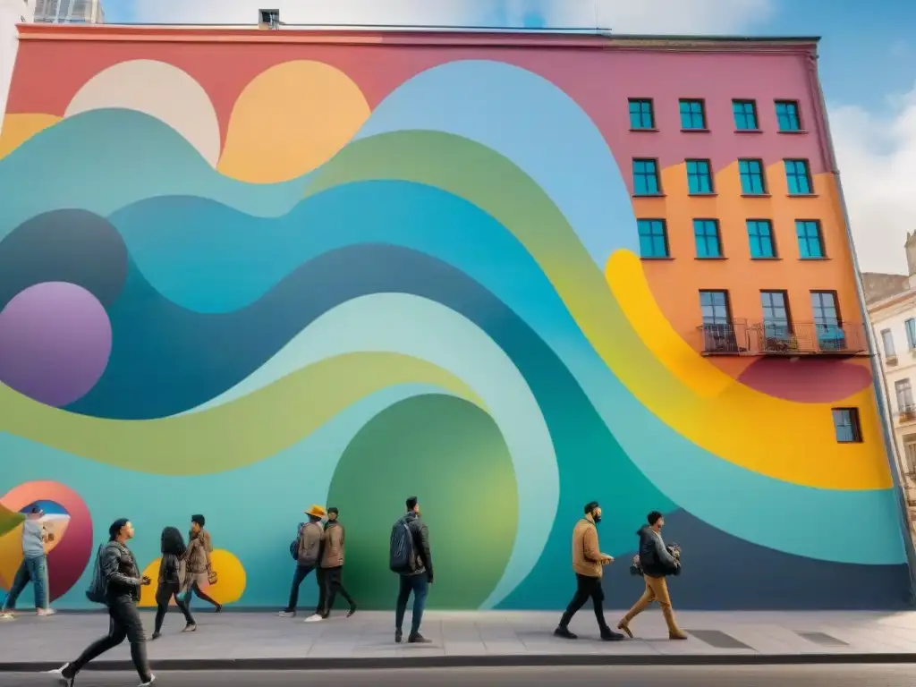 Colectivos artísticos uruguayos estrategias en acción: mural colaborativo vibrante con toques tradicionales y modernos en entorno urbano