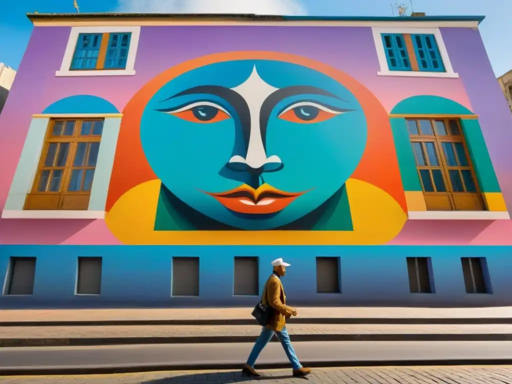 Colectivos artísticos uruguayos impacto sociedad: Calle vibrante de Montevideo con coloridos murales y artistas locales trabajando en colaboración