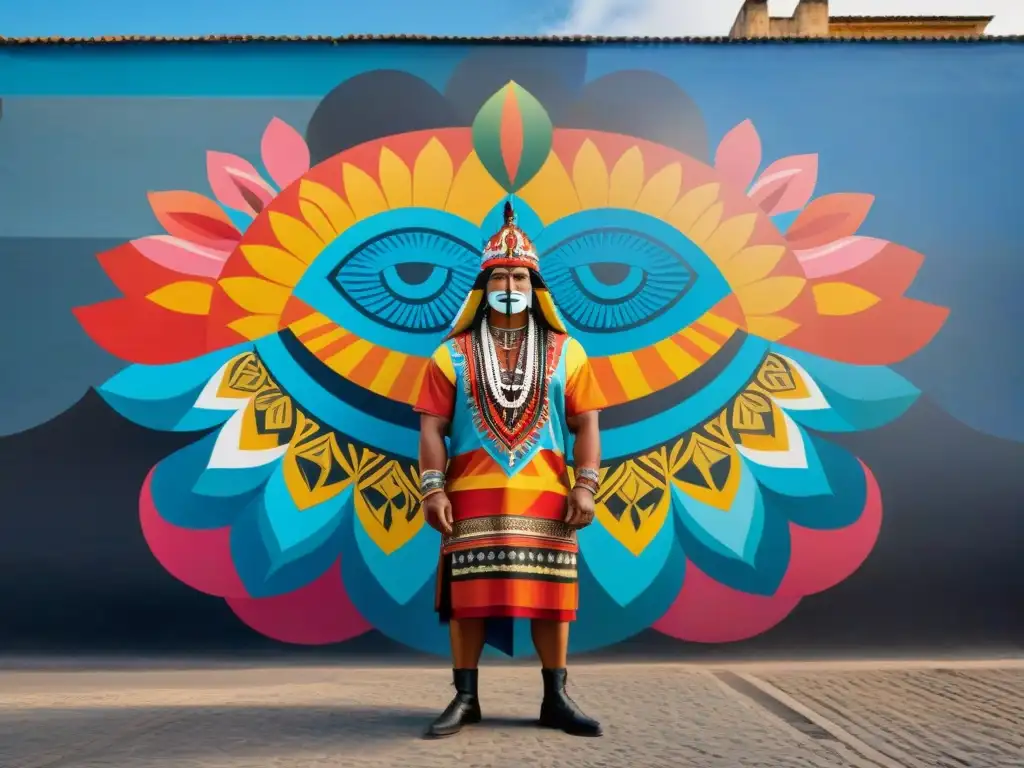 Colorido mural de arte indígena contemporáneo Uruguay en plaza urbana vibrante