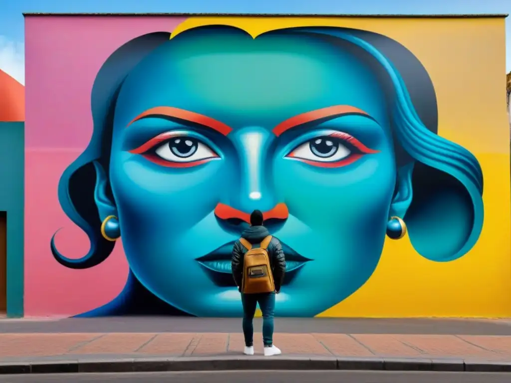 Colorido mural de arte urbano en Montevideo, Uruguay, fusionando elementos tradicionales y contemporáneos