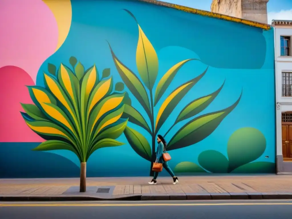 Colorido mural urbano en Montevideo, Uruguay, fusionando motivos tradicionales con un toque artístico moderno