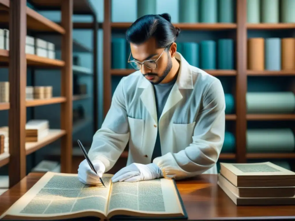 Conservador restaura antiguo pergamino en laboratorio de conservación de obras de arte en papel