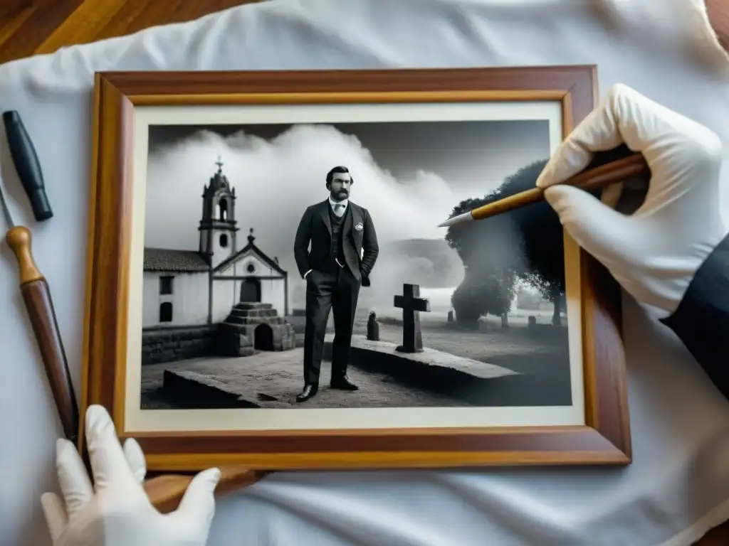 Un conservador restaurando con destreza una foto antigua de un hito uruguayo