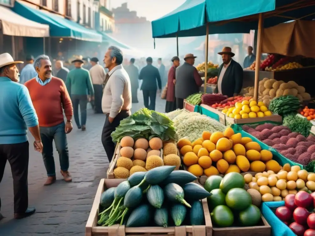 Fotografía contemporánea en Uruguay: Mercado bullicioso de Montevideo con colores vibrantes, productos frescos y artesanías locales al atardecer