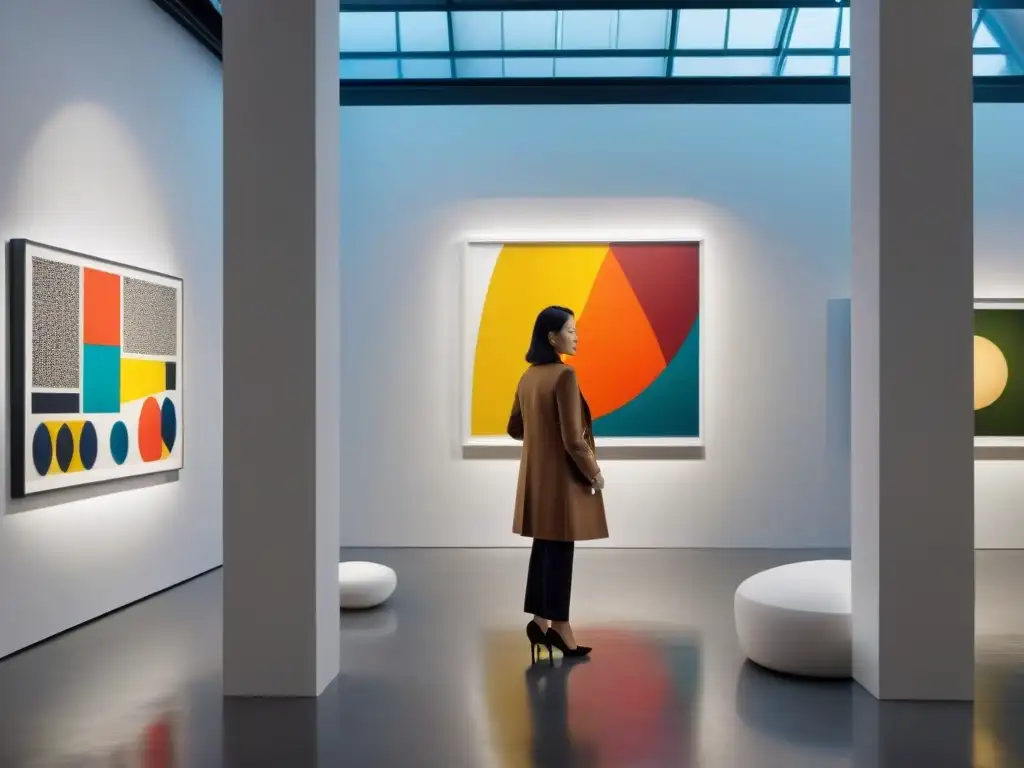 Un curador ajusta obras de arte contemporáneo en una galería minimalista