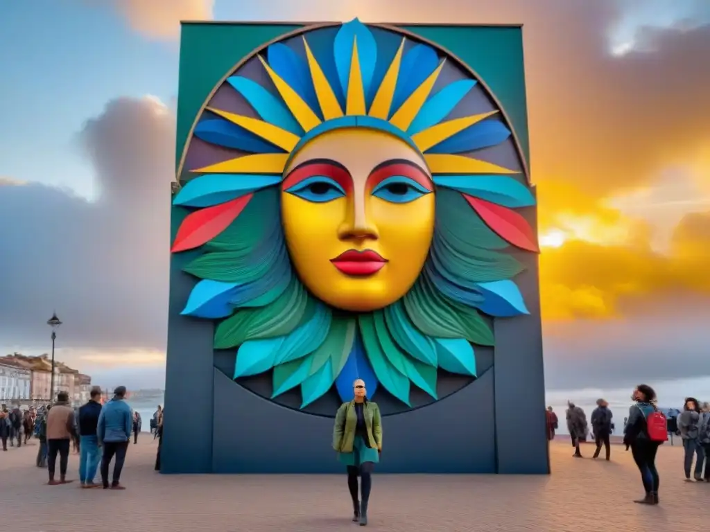 Transformación de desechos en arte contemporáneo en Uruguay: obra colorida de materiales reciclados admirada al atardecer