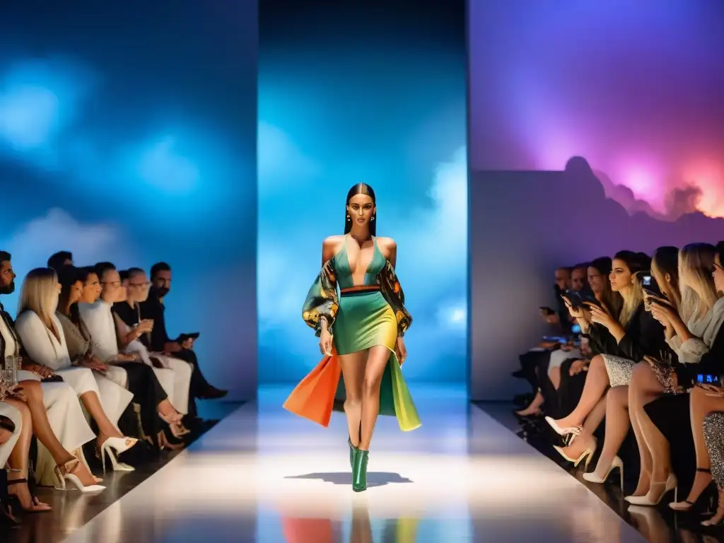 Desfile de moda en Uruguay con diseños inspirados en arte contemporáneo, modelos lucen prendas coloridas y abstractas