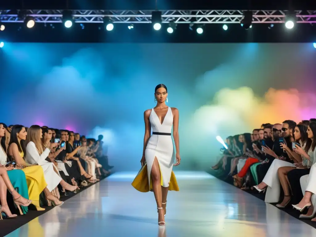 Desfile de moda inspirado en artistas contemporáneos de Uruguay, con diseños vanguardistas y coloridos en una pasarela