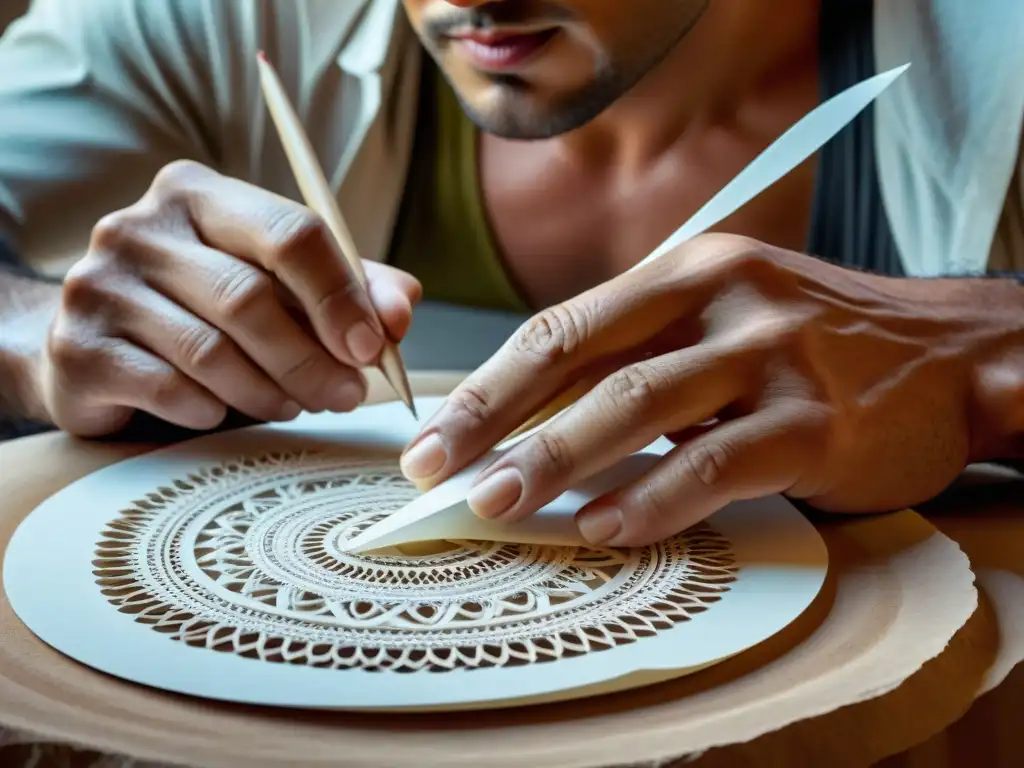 Detallada escultura de papel de piedra en artes gráficas uruguayas, con artista concentrado manipulando con precisión bajo luz natural suave