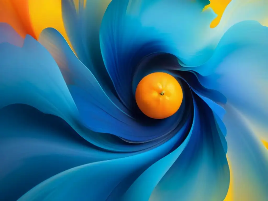 Detallada pintura abstracta con vibrante paleta de azules, naranjas y amarillos, evocando pasión y creatividad