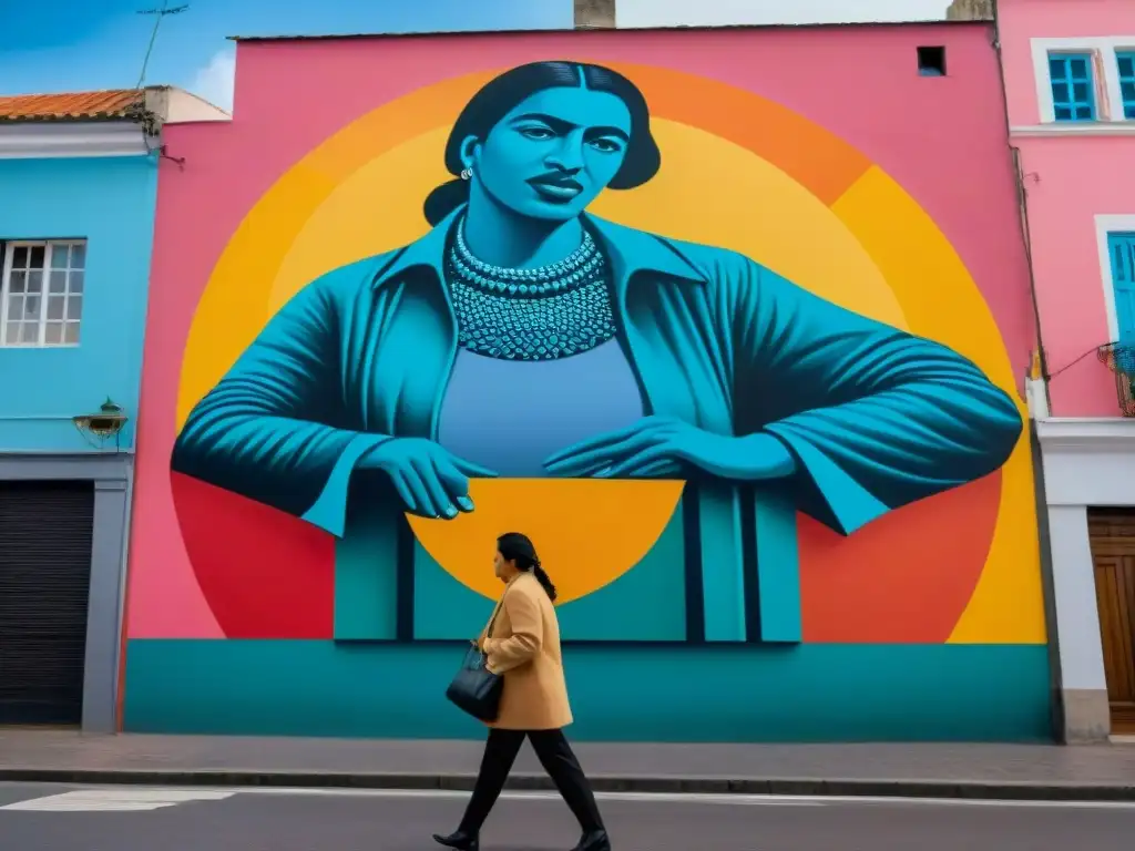 Detallado mural en Montevideo, Uruguay, reflejando arte contemporáneo y impacto social con colores vibrantes y detalles intrincados