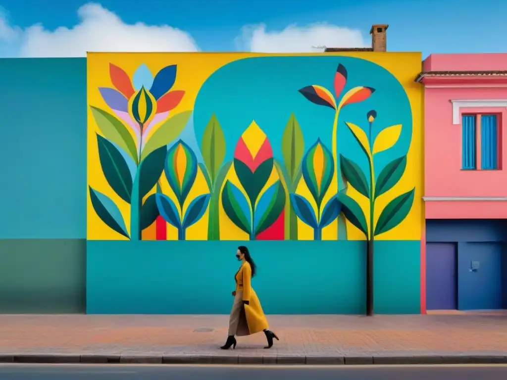 Detallado mural en Montevideo con arte sostenible en Uruguay: flora, fauna y geometría vibrante