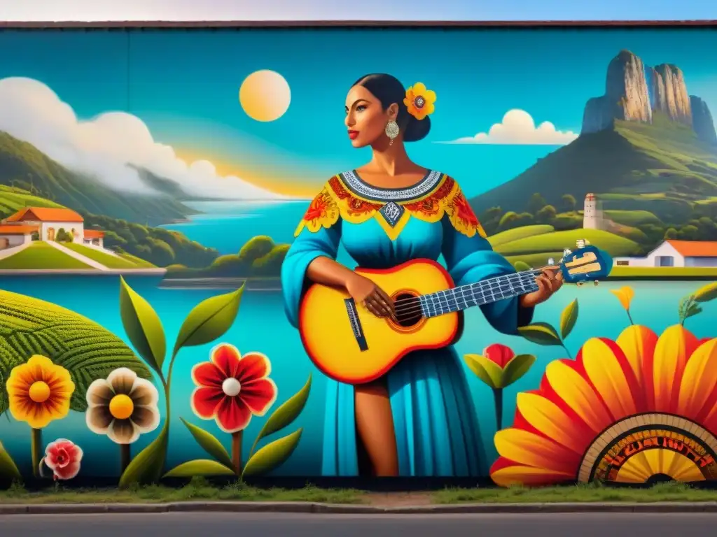 Detallado mural mostrando la fusión de arte contemporáneo uruguayo, tradición y tecnología