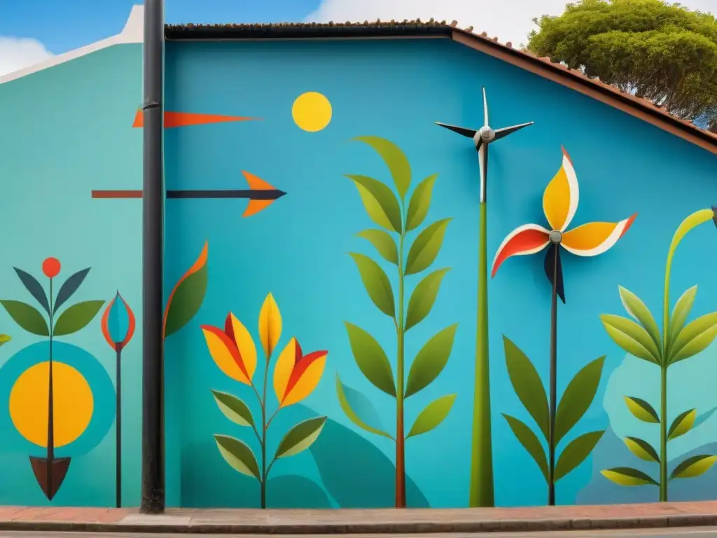 Detallado mural vibrante de arte contemporáneo Uruguay sostenible con flora, fauna y símbolos ecológicos enriqueciendo la ciudad