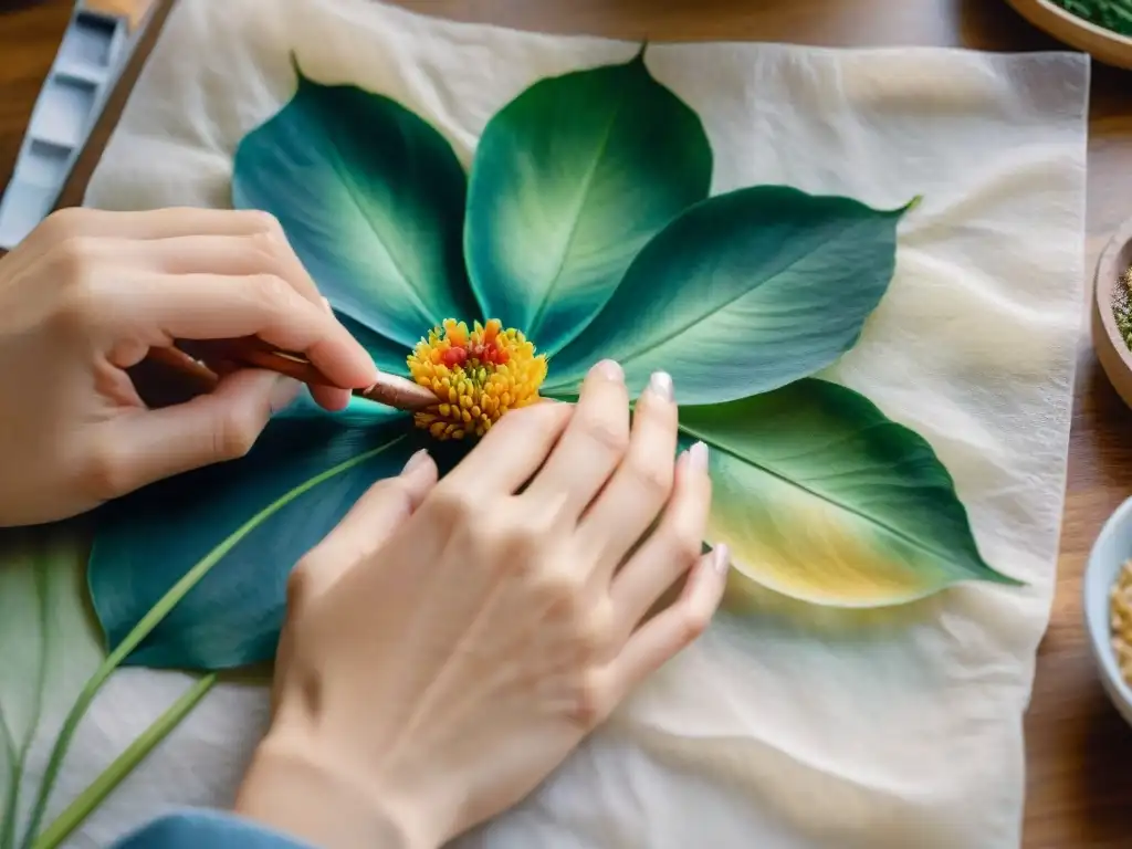 Detalle de acuarela contemporánea en papel de arroz: pinceladas vibrantes crean una flor con precisión