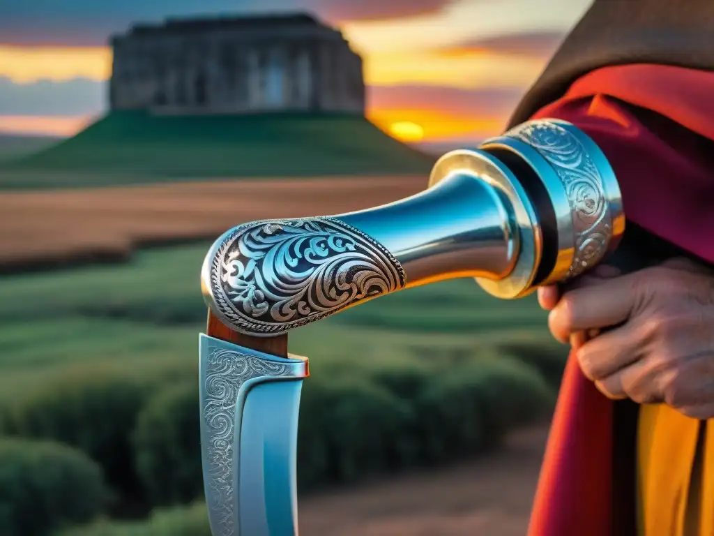 Detalle del cuchillo de gaucho uruguayo en atardecer vibrante