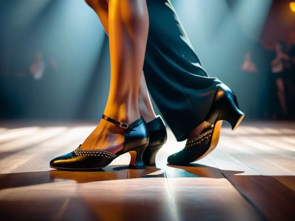 Detalle del tango uruguayo: pies de bailarín en movimiento sobre un escenario, mostrando la historia y evolución del baile