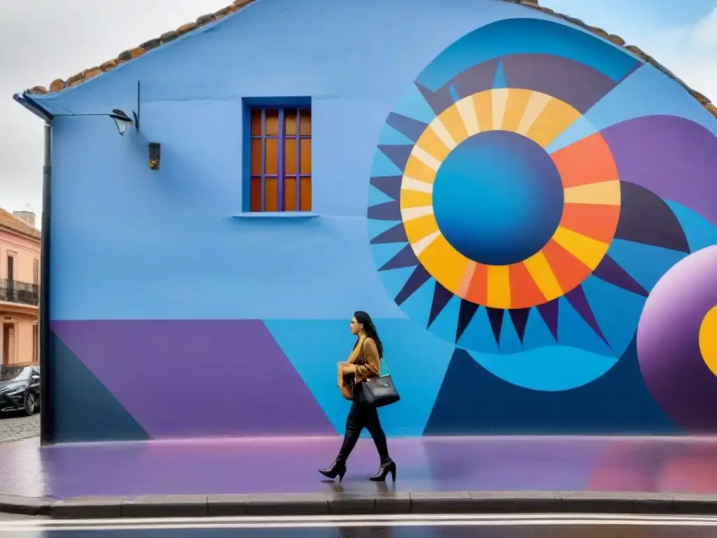 Detalle vibrante de mural callejero en Uruguay, con patrones geométricos e intensos colores