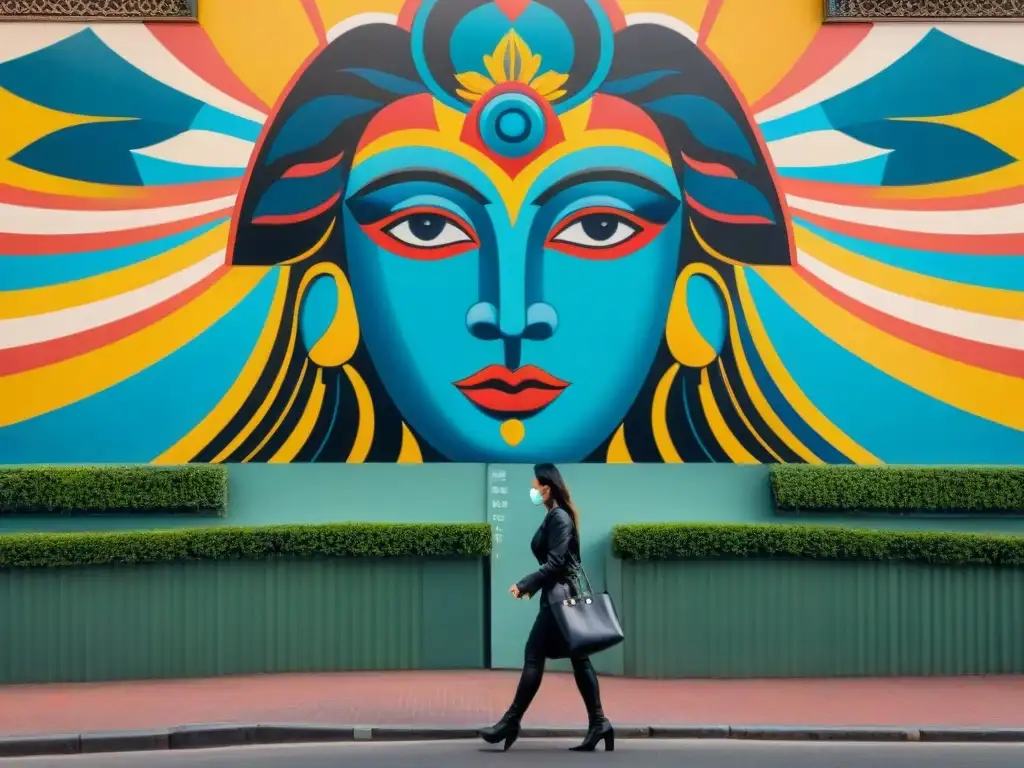 Detalle vibrante de mural en Montevideo con motivos tradicionales y elementos abstractos