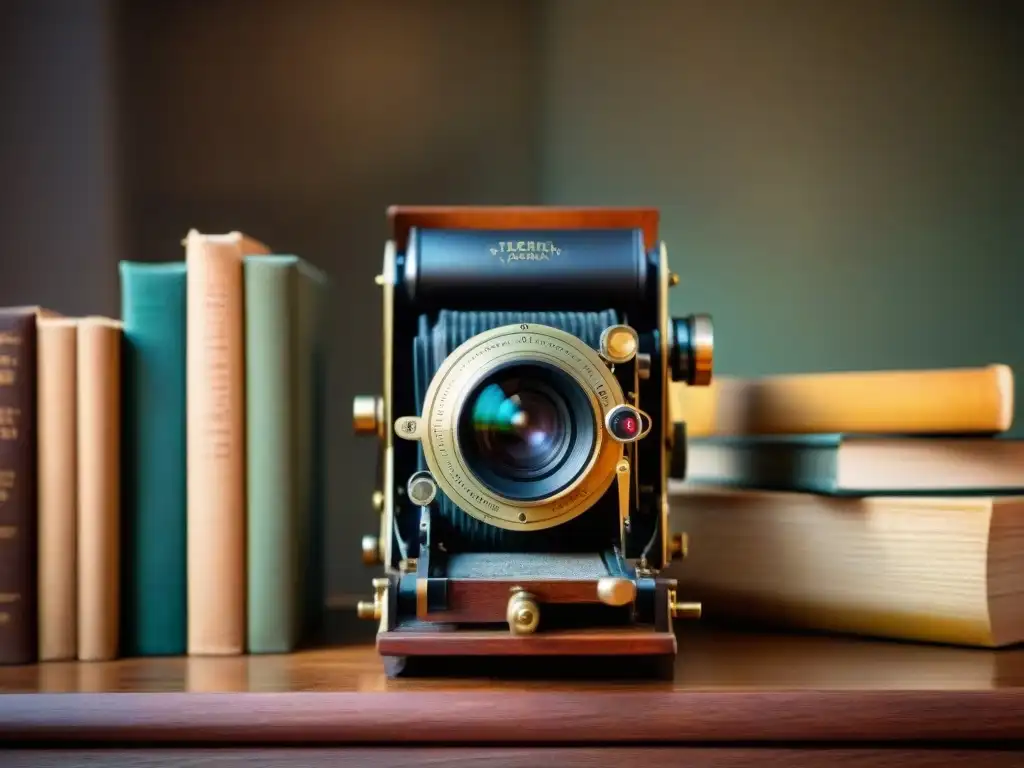 Detalles de una antigua cámara de madera rodeada de libros de fotografía en una cálida luz