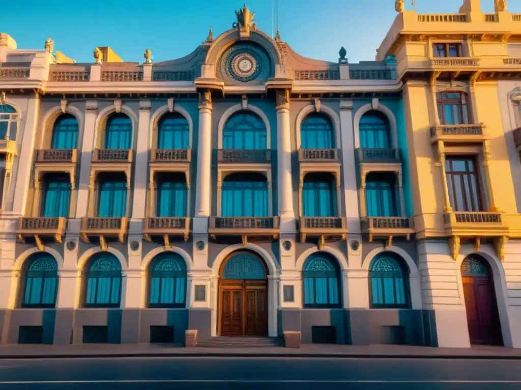 Detalles arquitectónicos del Palacio Salvo en Montevideo al atardecer, preservando el patrimonio fotográfico uruguayo