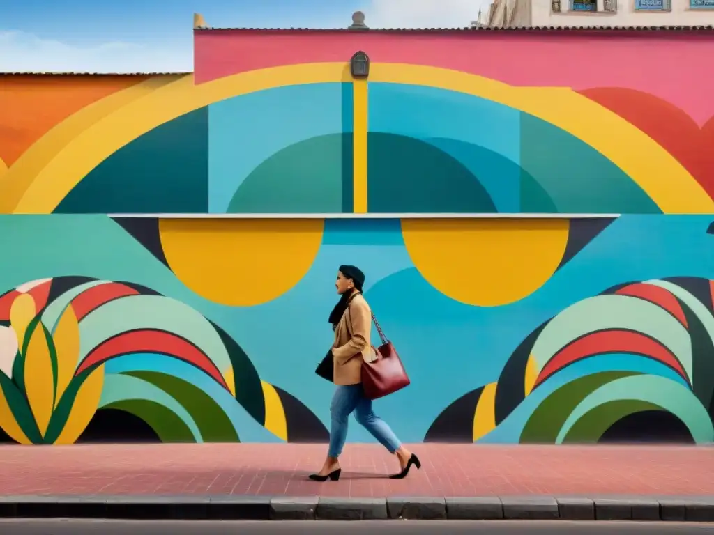 Detalles vibrantes de mural contemporáneo en Montevideo, Uruguay, con patrones geométricos y colores contrastantes