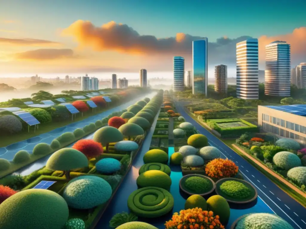 Una ilustración digital vibrante y detallada de un paisaje urbano futurista y exuberante en Uruguay, fusionando naturaleza y tecnología