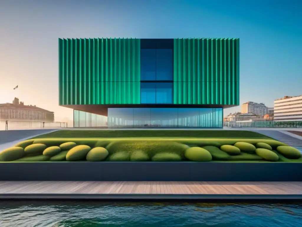 Edificio futurista del Centro Cultural de España en Montevideo, con diseño contemporáneo y espacios verdes integrados en Uruguay