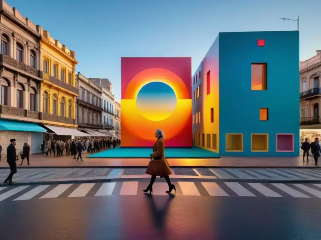 Instalación efímera de arte contemporáneo en Montevideo, Uruguay, con vibrantes colores y formas geométricas