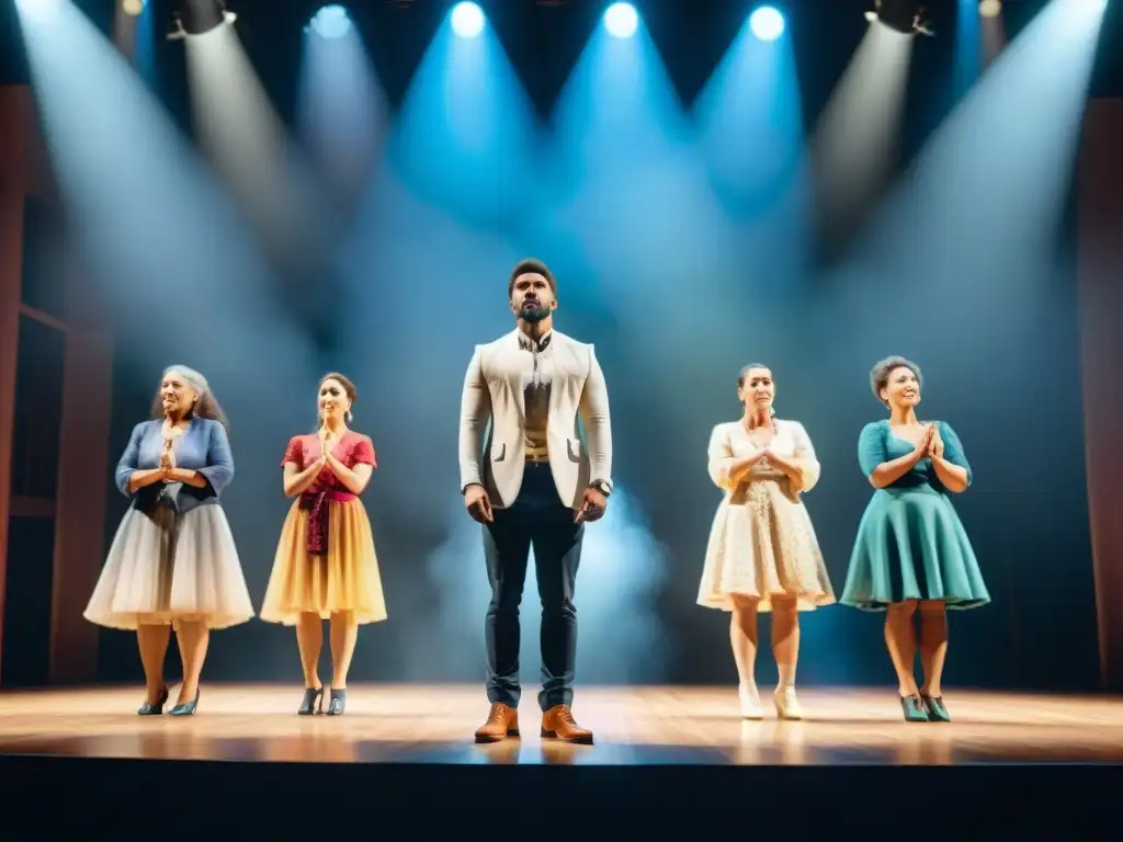 Un emotivo momento en el teatro uruguayo con actores de diversas edades y etnias recibiendo una ovación de pie del público