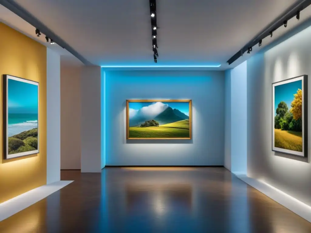 Enmarcado de arte contemporáneo en Uruguay: Galería moderna con obras vibrantes y elegantes marcos, iluminada por luz natural