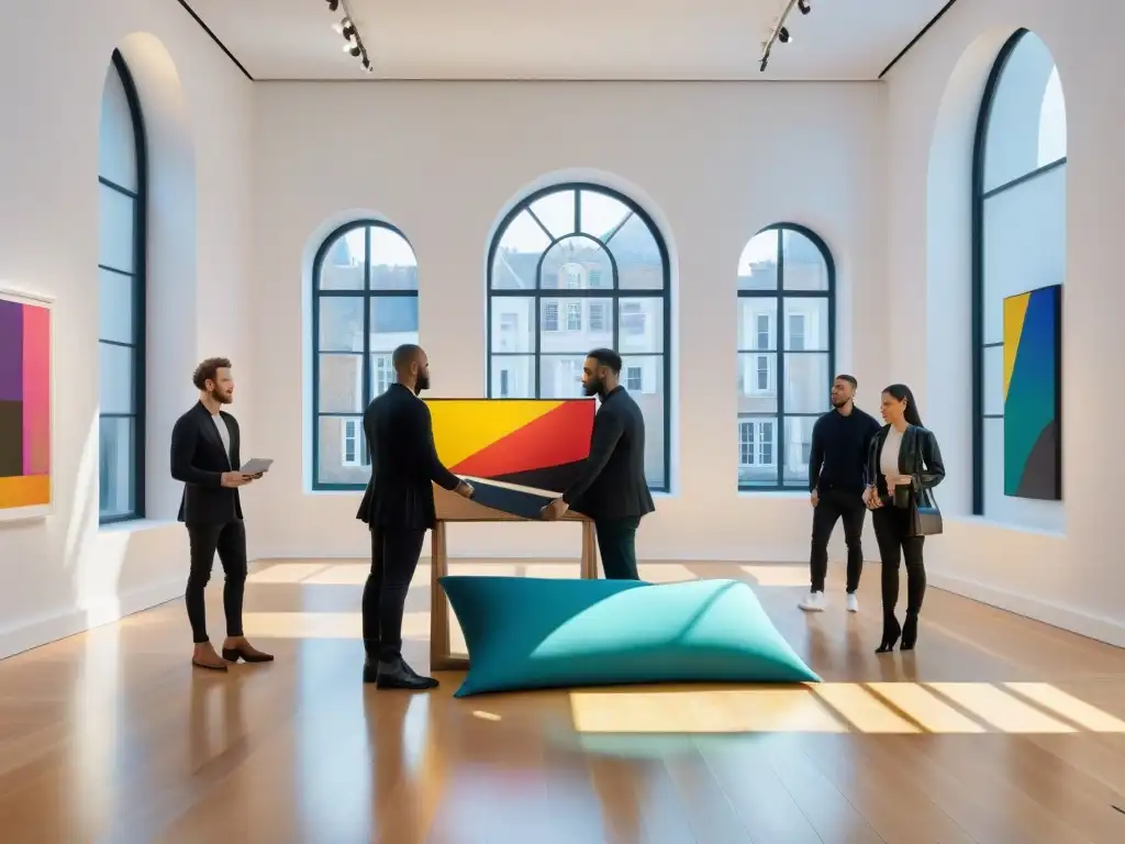 Equipo diverso desempacando y montando arte contemporáneo en galería