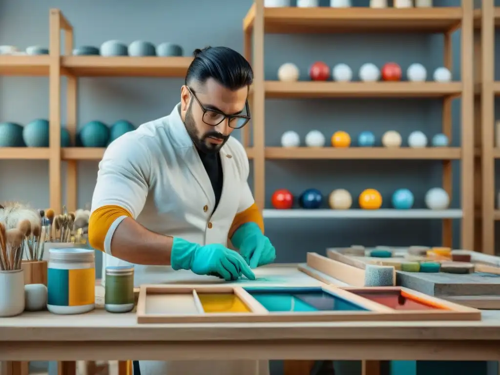 Un equipo de jóvenes restauradores de arte contemporáneo en Uruguay trabajando meticulosamente en la restauración de una vibrante obra de arte moderno