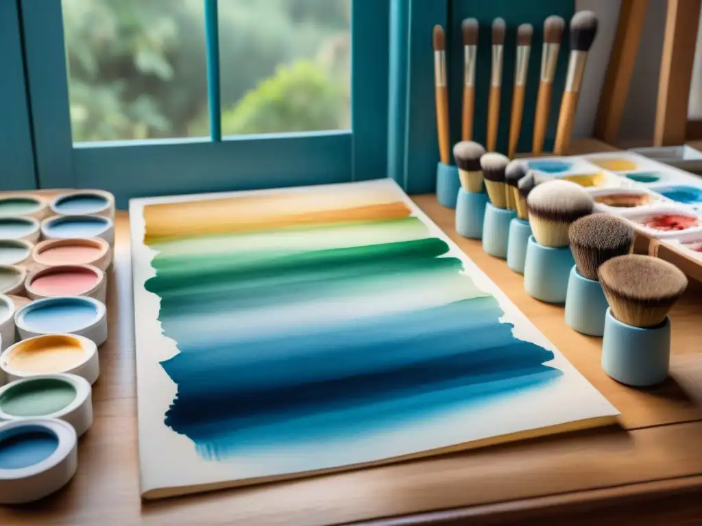 Una escena detallada de un taller de acuarela en Uruguay con materiales de alta calidad para artistas uruguayos