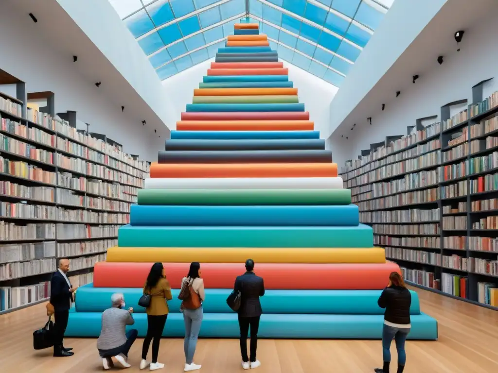 Una escena dinámica y vibrante del arte contemporáneo en Uruguay: la 'Torre de Babel' de Marta Minujín, una estructura colorida de libros en una galería llena de espectadores diversos interactuando con la obra