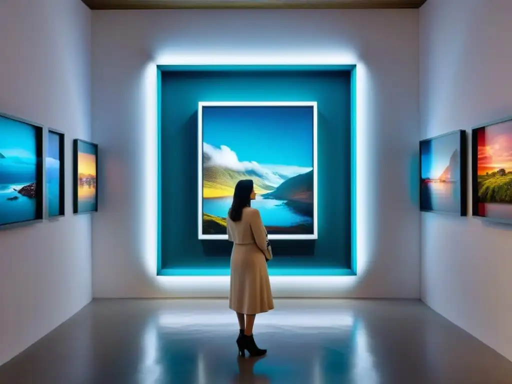 Escena futurista en galería de arte en Uruguay: fusión de arte análogo y tecnología digital, colores vibrantes y atmósfera innovadora