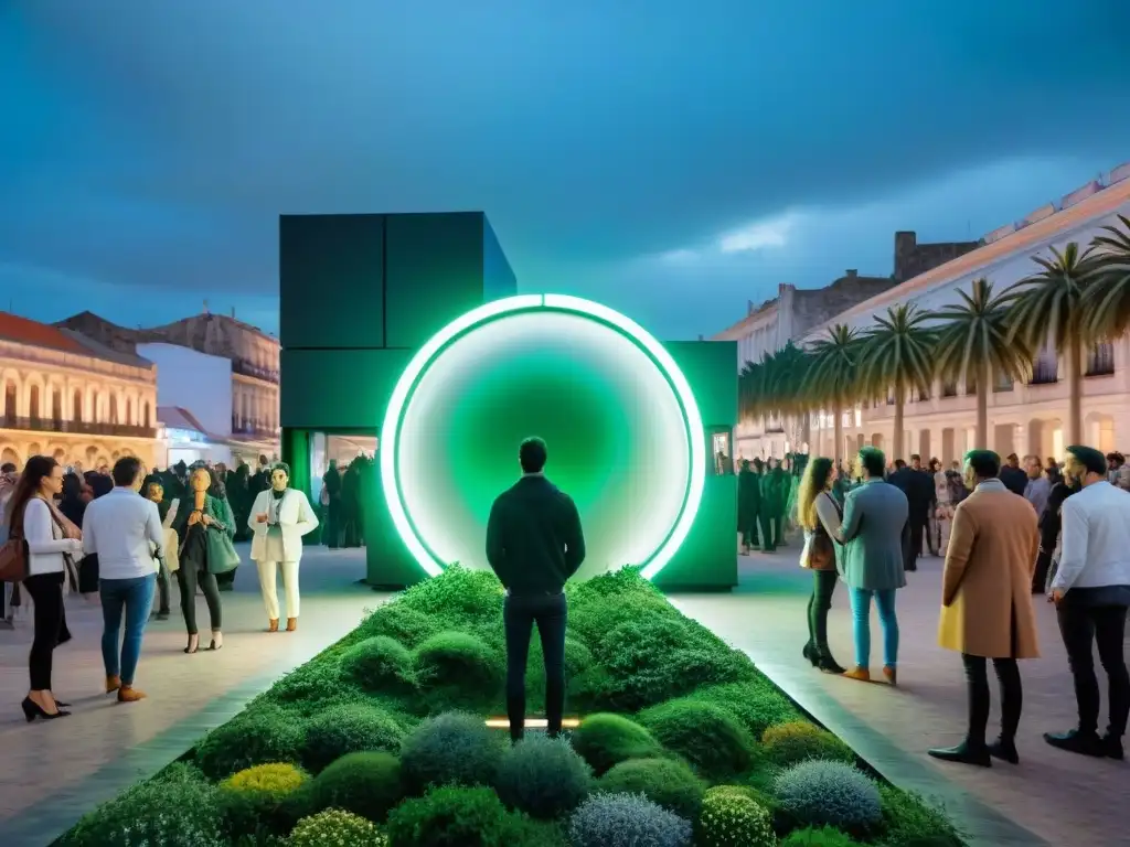 Escena futurista de arte sonoro en Uruguay con estructuras metálicas y luces LED, rodeadas de vegetación y arquitectura moderna