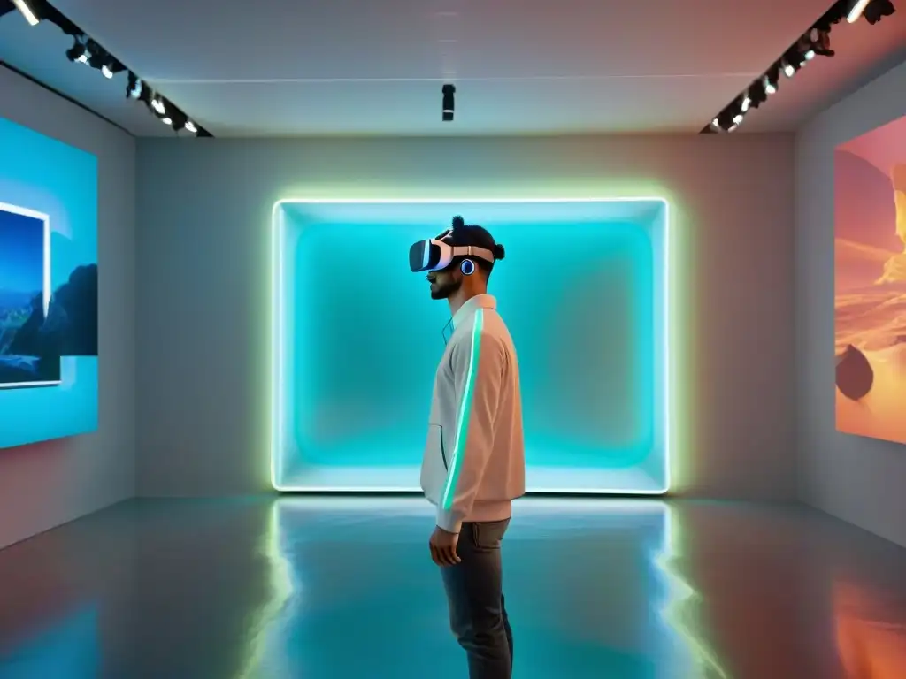 Escena futurista de un museo con tecnología, arte contemporáneo uruguayo y tendencias tecnológicas