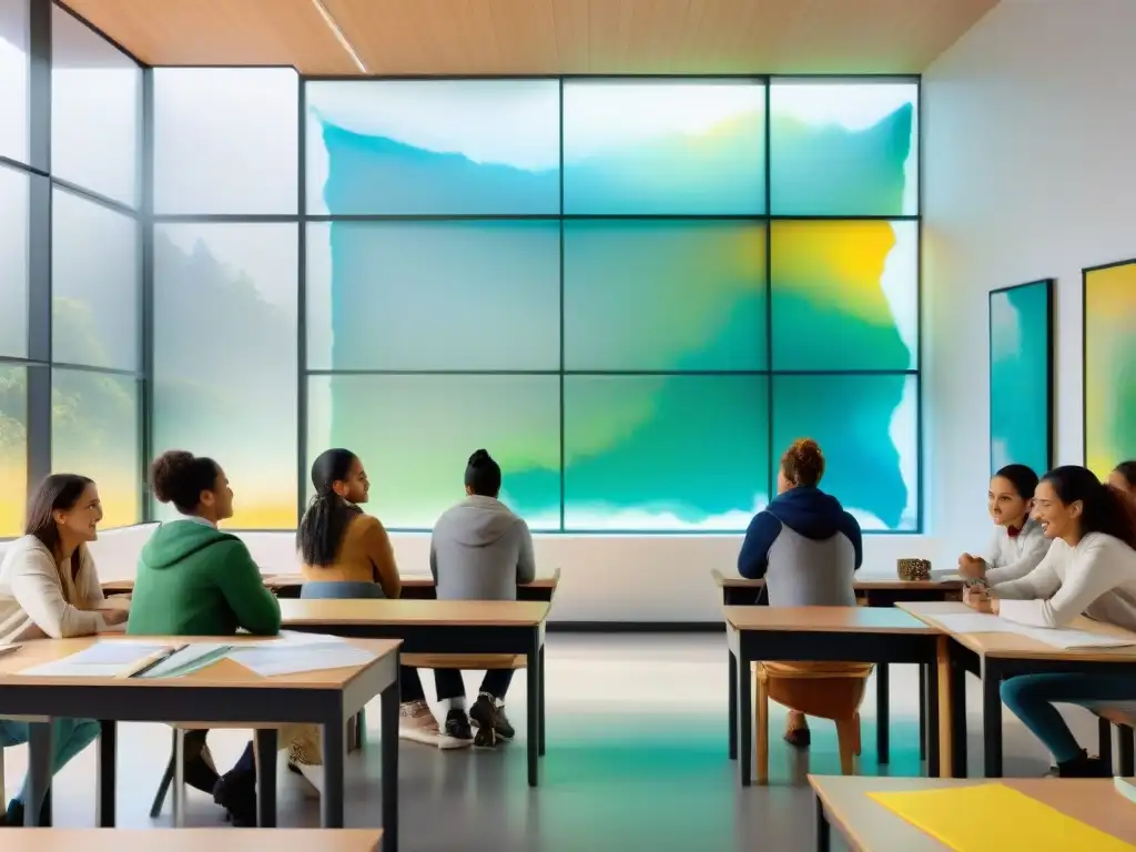 Una escena inspiradora de arte contemporáneo uruguayo en aulas, donde niños crean piezas únicas y coloridas con entusiasmo