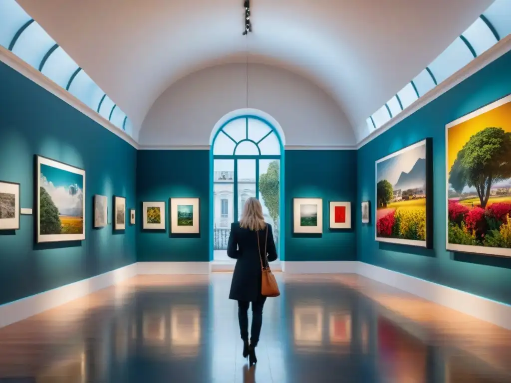 Escena vibrante en galería de arte en Montevideo, Uruguay, fusionando arte y moda