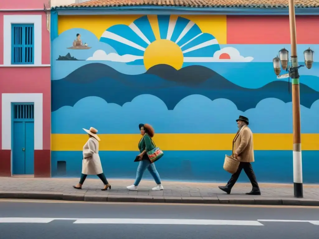 Escena vibrante de arte comunitario en Uruguay con murales coloridos y artistas locales pintando apasionadamente en la calle