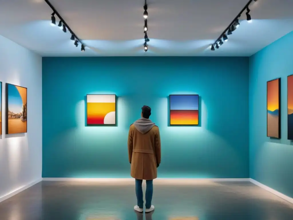 Galería de Arte Vibrante en Uruguay: Conexión e Inspiración Escena vibrante en galería de arte contemporáneo en Uruguay, con visitantes conectando con obras