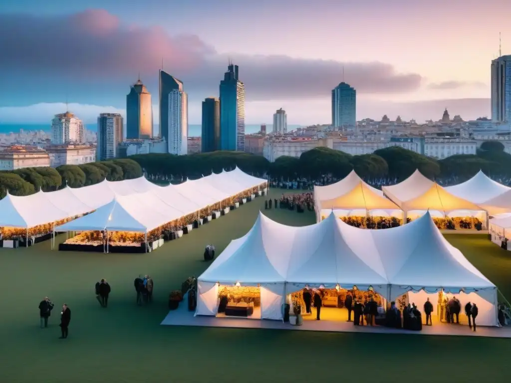 'Escena vibrante en feria de arte en Montevideo al atardecer, fusionando tradición e innovación