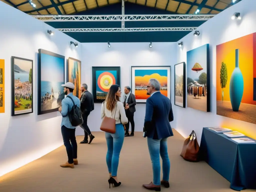 Escena vibrante en feria de arte uruguaya internacional, con obras coloridas y variadas de artistas de todo el mundo