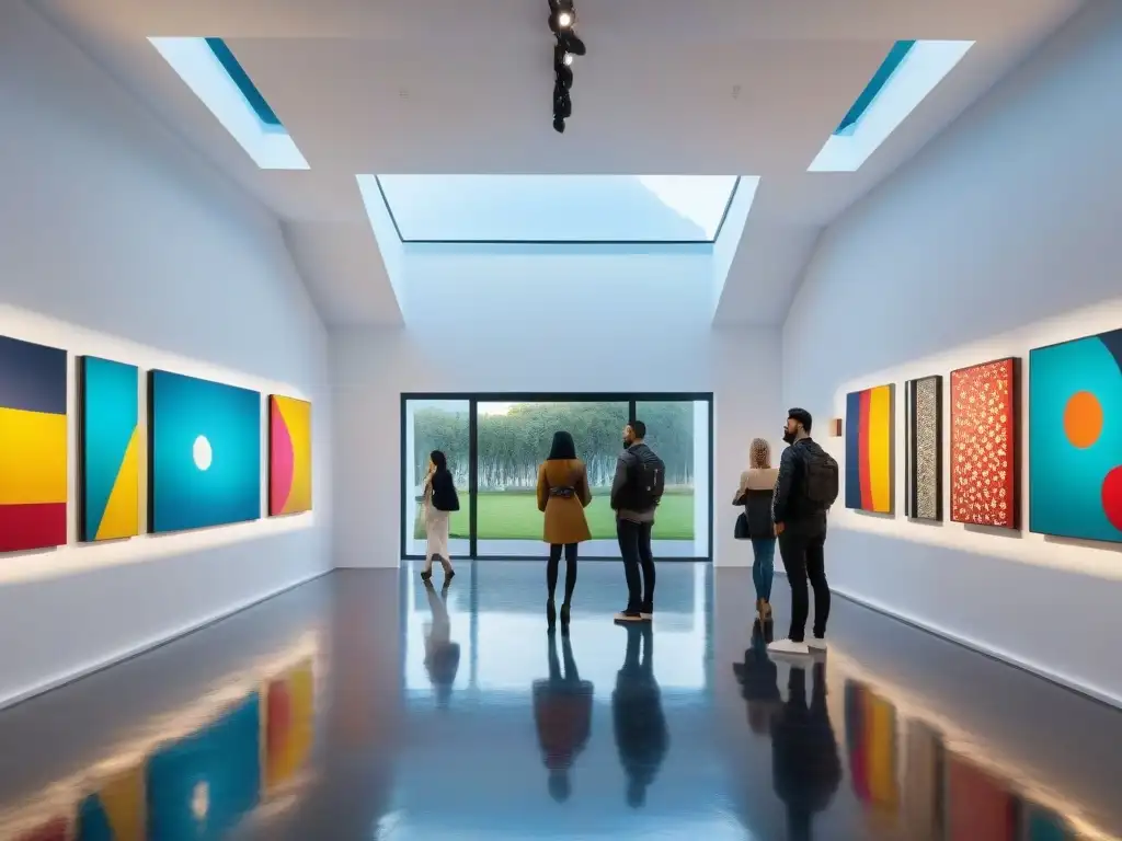 Escena vibrante de una galería de arte contemporáneo en Uruguay con obras abstractas y visitantes admirando exposiciones