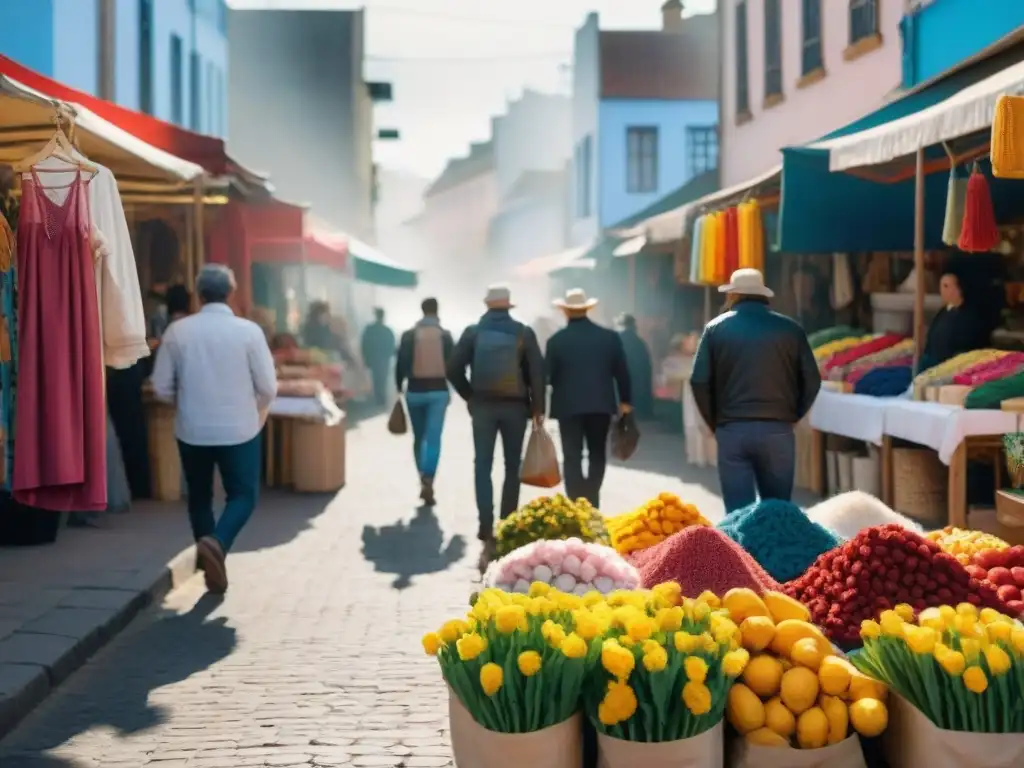 Escena vibrante en un mercado callejero uruguayo con colaboraciones artísticas en merchandising