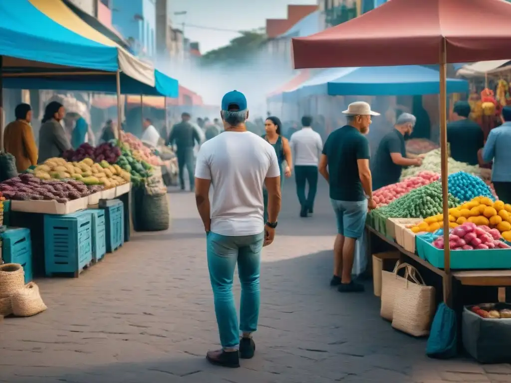 Escena vibrante en mercado uruguayo con arte contemporáneo en productos