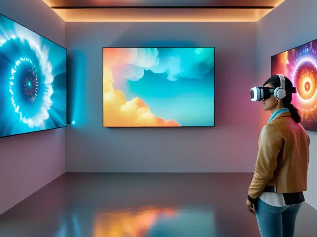 Escenario futurista de galería de arte digital con obras uruguayas en realidad virtual, arte contemporáneo uruguayo en la era digital