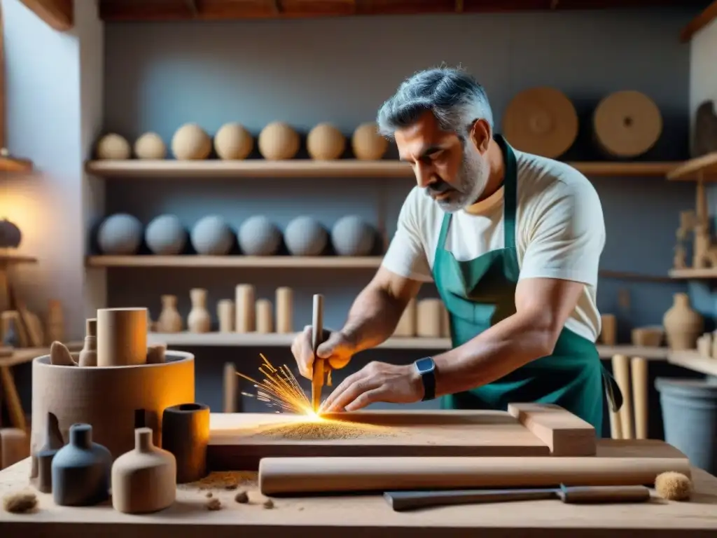 Un escultor uruguayo contemporáneo concentrado en su taller creando una escultura con técnicas tradicionales, rodeado de herramientas clásicas